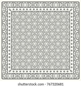 Black and white abstract graphic pattern. Geometric ornament with frame, border. Line art, lace, embroidery background. Bandanna, shawl, scarf, tablecloth design for textile fabric print