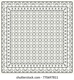 Black and white abstract graphic pattern. Geometric ornament with frame, border. Line art, lace, embroidery background. Bandanna, shawl, scarf, tablecloth design for textile fabric print