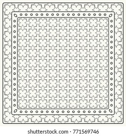 Black and white abstract graphic pattern. Geometric ornament with frame, border. Line art, lace, embroidery background. Bandanna, shawl, scarf, tablecloth design for textile fabric print