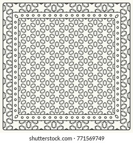 Black and white abstract graphic pattern. Geometric ornament with frame, border. Line art, lace, embroidery background. Bandanna, shawl, scarf, tablecloth design for textile fabric print