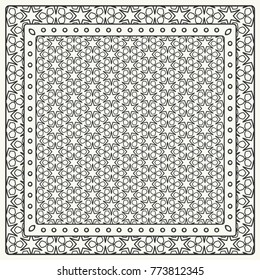 Black and white abstract graphic pattern. Geometric ornament with frame, border. Line art, lace, embroidery background. Bandanna, shawl, scarf, tablecloth design for textile fabric print