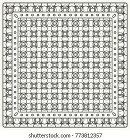 Black and white abstract graphic pattern. Geometric ornament with frame, border. Line art, lace, embroidery background. Bandanna, shawl, scarf, tablecloth design for textile fabric print