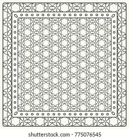 Black and white abstract graphic pattern. Geometric ornament with frame, border. Line art, lace, embroidery background. Bandanna, shawl, scarf, tablecloth design for textile fabric print