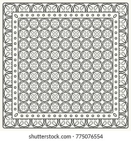 Black and white abstract graphic pattern. Geometric ornament with frame, border. Line art, lace, embroidery background. Bandanna, shawl, scarf, tablecloth design for textile fabric print