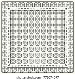 Black and white abstract graphic pattern. Geometric ornament with frame, border. Line art, lace, embroidery background. Bandanna, shawl, scarf, tablecloth design for textile fabric print