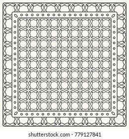 Black and white abstract graphic pattern. Geometric ornament with frame, border. Line art, lace, embroidery background. Bandanna, shawl, scarf, tablecloth design for textile fabric print