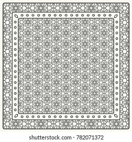 Black and white abstract graphic pattern. Geometric ornament with frame, border. Line art, lace, embroidery background. Bandanna, shawl, scarf, tablecloth design for textile fabric print