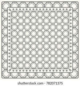 Black and white abstract graphic pattern. Geometric ornament with frame, border. Line art, lace, embroidery background. Bandanna, shawl, scarf, tablecloth design for textile fabric print