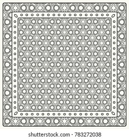 Black and white abstract graphic pattern. Geometric ornament with frame, border. Line art, lace, embroidery background. Bandanna, shawl, scarf, tablecloth design for textile fabric print
