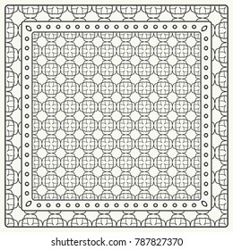 Black and white abstract graphic pattern. Geometric ornament with frame, border. Line art, lace, embroidery background. Bandanna, shawl, scarf, tablecloth design for textile fabric print
