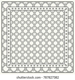 Black and white abstract graphic pattern. Geometric ornament with frame, border. Line art, lace, embroidery background. Bandanna, shawl, scarf, tablecloth design for textile fabric print