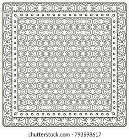 Black and white abstract graphic pattern. Geometric ornament with frame, border. Line art, lace, embroidery background. Bandanna, shawl, scarf, tablecloth design for textile fabric print