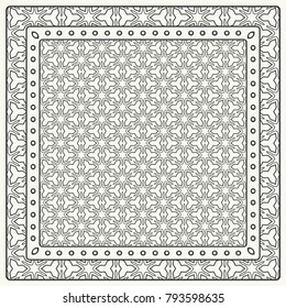 Black and white abstract graphic pattern. Geometric ornament with frame, border. Line art, lace, embroidery background. Bandanna, shawl, scarf, tablecloth design for textile fabric print