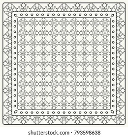 Black and white abstract graphic pattern. Geometric ornament with frame, border. Line art, lace, embroidery background. Bandanna, shawl, scarf, tablecloth design for textile fabric print