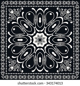 Black and white abstract graphic square background with Mandala geometric pattern. Bandanna fabric print, silk neck scarf or kerchief design, vector ornate illustration.