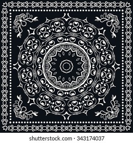 Black and white abstract graphic square background with Mandala geometric pattern. Bandanna fabric print, silk neck scarf or kerchief design, vector ornate illustration.