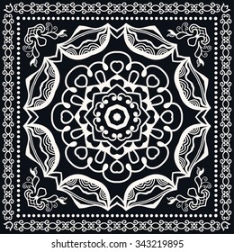 Black and white abstract graphic square background with Mandala geometric pattern. Bandanna fabric print, silk neck scarf or kerchief design, vector ornate illustration.