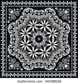 Black and white abstract graphic square background with Mandala geometric pattern. Bandanna fabric print, silk neck scarf or kerchief design, vector ornate illustration.
