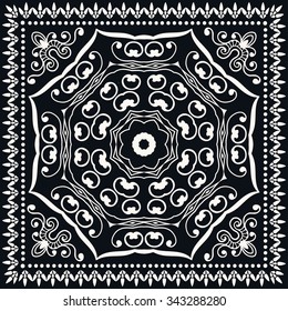 Black and white abstract graphic square background with Mandala geometric pattern. Bandanna fabric print, silk neck scarf or kerchief design, vector ornate illustration.