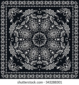 Black and white abstract graphic square background with Mandala geometric pattern. Bandanna fabric print, silk neck scarf or kerchief design, vector ornate illustration.