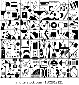 Black and white abstract in a grid pattern. Each grid square is stand-alone composition with objects and line elements that connect or relate to neighboring squares. Vector art, fully editable.