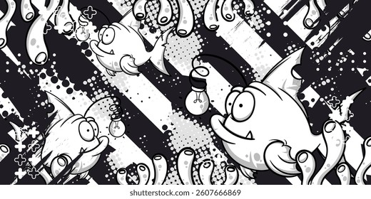 Black and white abstract grunge background with vector fish objects, eps 10, editable.