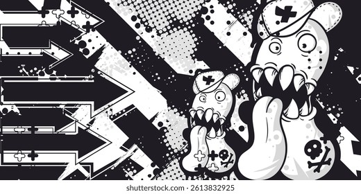 Black and white abstract grunge background with capsule monster object, vector, eps 10, editable.