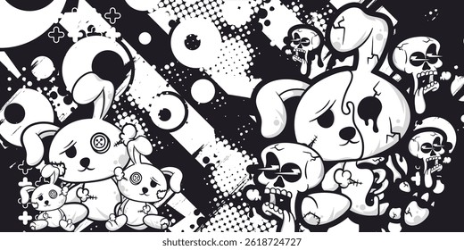 Black and white abstract grunge background with stuffed rabbit and skull objects, vector, eps 10, editable.