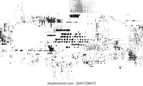 Black and white abstract grunge texture with a halftone effect and distressed overlay. The image features irregular shapes and patterns in varying shades of gray and black against a white background.