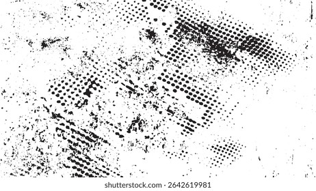 Black and white abstract grunge texture featuring a blend of distressed halftone dots and irregular ink splashes creating a high contrast effect