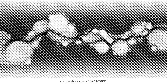 Black and white abstract halftone molecular pattern featuring diagonal line textures. A vector illustration showcasing a silver steel chain with metallic ball links.