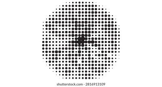 A black and white abstract halftone pattern featuring a circular arrangement of dots, with a denser concentration towards the center creating a focal point.