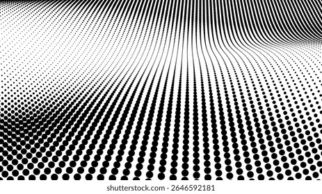 Plano de fundo de vetor de meio-tom abstrato em preto-e-branco com gradiente de pontos. Textura de grade de linha ondulada. Padrão geométrico moderno para papel de parede.