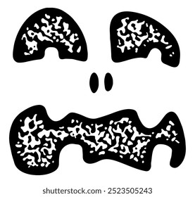 A black and white abstract Halloween-themed face design, featuring bold shapes and intricate textures. Perfect for spooky season decorations or creative projects.