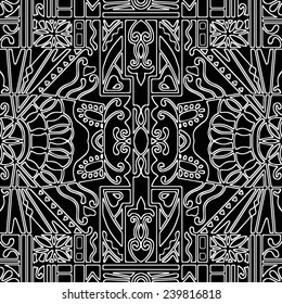 Black and white abstract hand drawn graphic pattern, floral and geometric ornament, seamless texture, ornate vector background