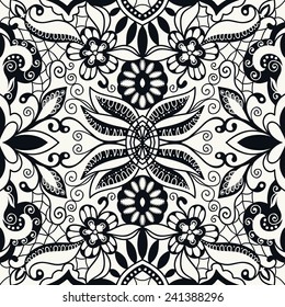 Black and white abstract hand drawn graphic pattern, floral and geometric ornament, seamless texture, ornate vector background