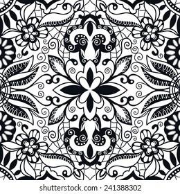 Black and white abstract hand drawn graphic pattern, floral and geometric ornament, seamless texture, ornate vector background