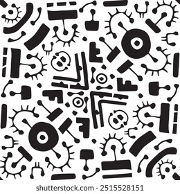 Modelo inconsútil tribal dibujado a mano abstracto blanco negro. Diseño Vector étnico monocromo azteca. Símbolos de fantasía