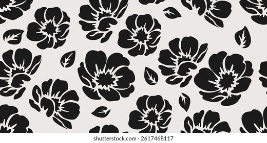 Black and white abstract hand drawn flowers, floral seamless pattern with flowers for fabric, textile, apparel, poster, cover, banner, wall art, background. Vector illustration.