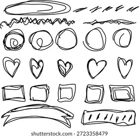 Formas de garabatos abstractas dibujadas a mano en blanco y negro con corazones, marcos, círculos y líneas de garabatos incompletos para un uso de diseño creativo y moderno.