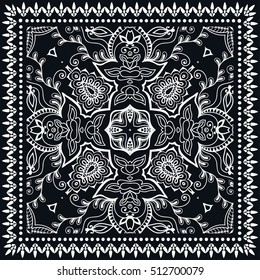 Black and white abstract hand drawn line background, geometric lace pattern with ornate frame, tribal ethnic ornament. Bandanna shawl fabric print, neck scarf or kerchief design, vector illustration