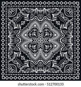 Black and white abstract hand drawn line background, geometric lace pattern with ornate frame, tribal ethnic ornament. Bandanna shawl fabric print, neck scarf or kerchief design, vector illustration