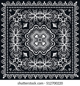 Black and white abstract hand drawn line background, geometric lace pattern with ornate frame, tribal ethnic ornament. Bandanna shawl fabric print, neck scarf or kerchief design, vector illustration