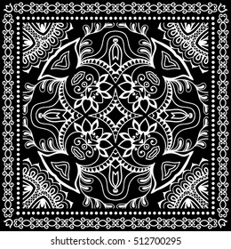 Black and white abstract hand drawn line background, geometric lace pattern with ornate frame, tribal ethnic ornament. Bandanna shawl fabric print, neck scarf or kerchief design, vector illustration