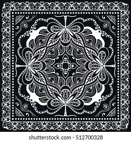 Black and white abstract hand drawn line background, geometric lace pattern with ornate frame, tribal ethnic ornament. Bandanna shawl fabric print, neck scarf or kerchief design, vector illustration