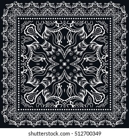Fundo de linha desenhada à mão abstrato preto e branco, padrão de renda geométrica com quadro ornamentado, ornamento étnico tribal. Impressão de tecido de xale de Bandanna, cachecol pescoço ou design de kerchief, ilustração vetorial