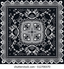 Black and white abstract hand drawn line background, geometric lace pattern with ornate frame, tribal ethnic ornament. Bandanna shawl fabric print, neck scarf or kerchief design, vector illustration