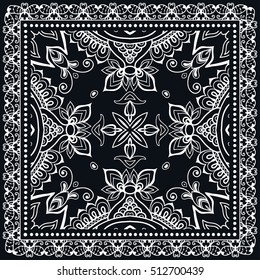 Black and white abstract hand drawn line background, geometric lace pattern with ornate frame, tribal ethnic ornament. Bandanna shawl fabric print, neck scarf or kerchief design, vector illustration