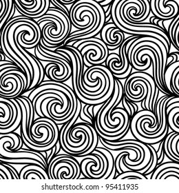 Black and white abstract hand-drawn pattern, waves or curls background. Seamless pattern for your design wallpapers, pattern fills, web page backgrounds, surface textures.