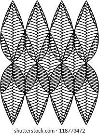 Black and white abstract hatch pattern with butterfly, leaf, flower